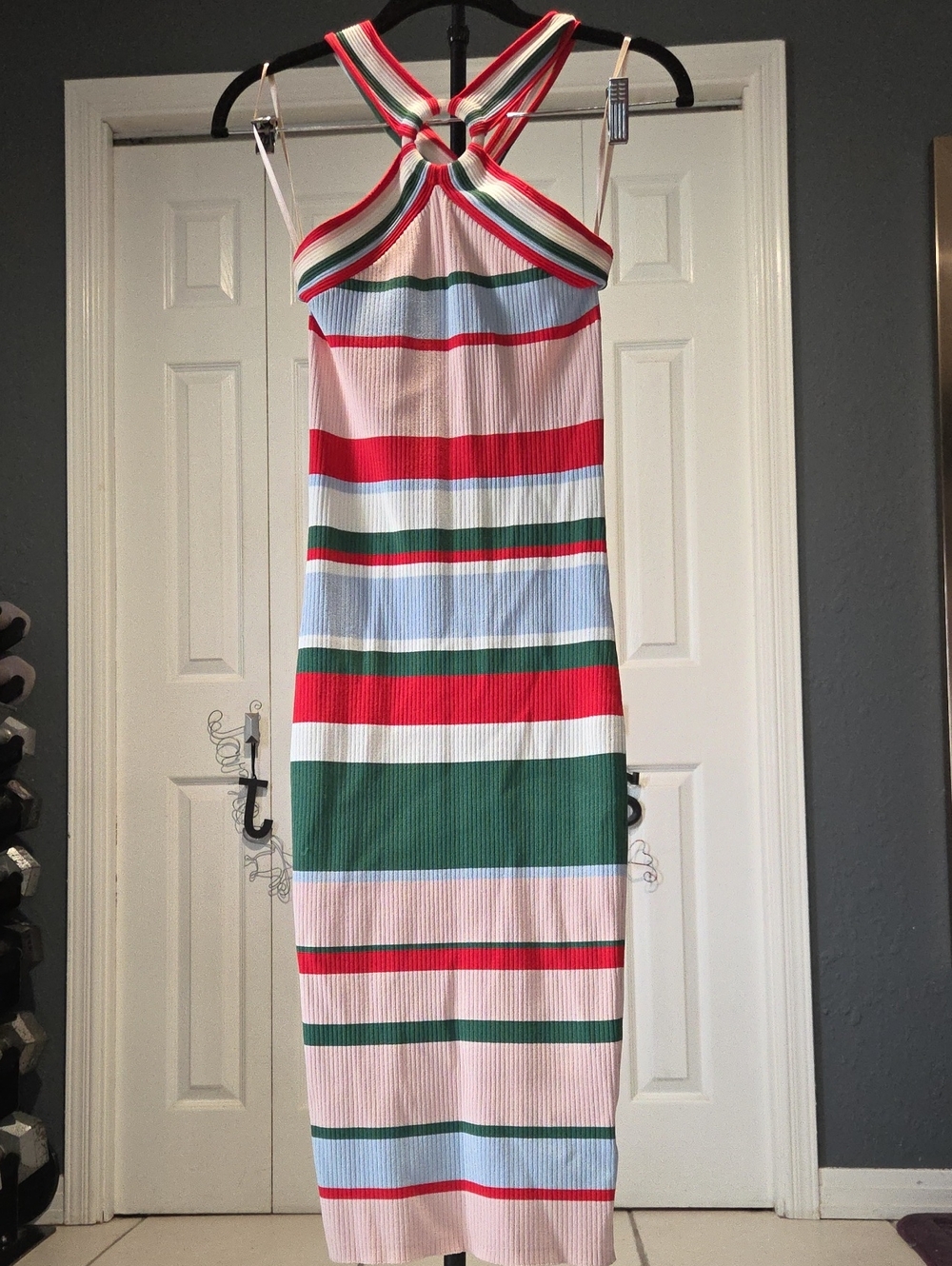 Sz 6 - Ted Baker One-Shoulder Striped Midi Dress in Red, Green & Pink